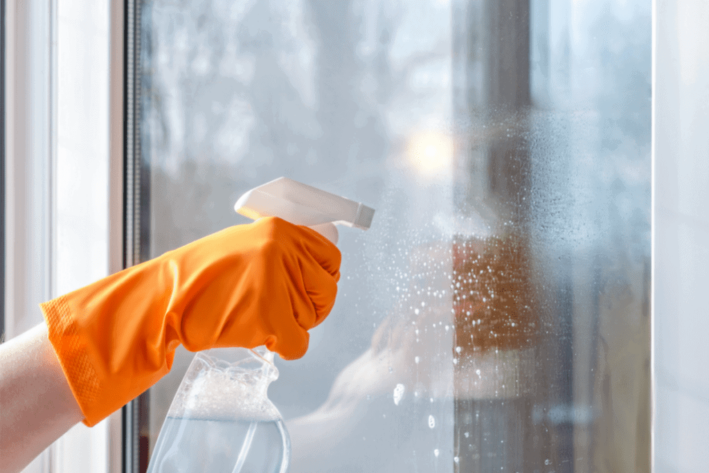 spraying glass with gloves on
