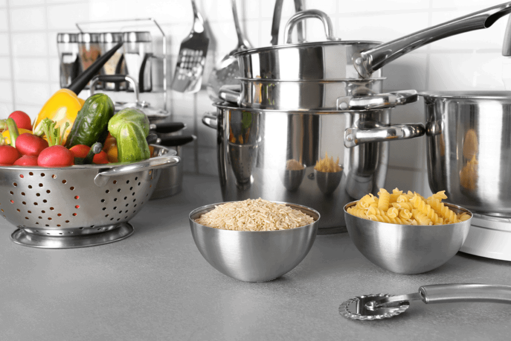 kitchen counter with rice vegetables pasta