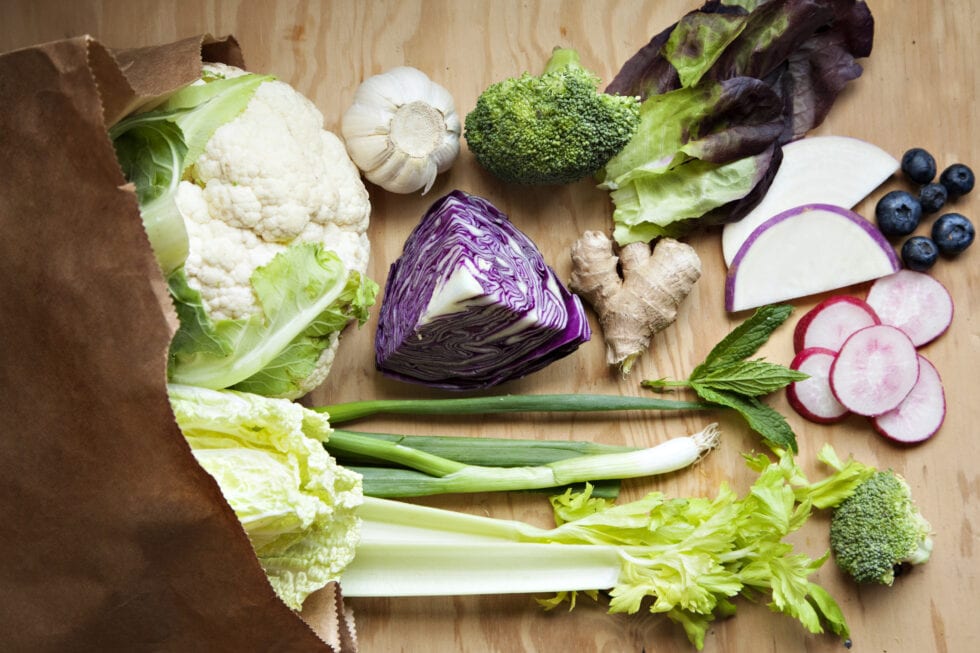 vegetables dumped onto table